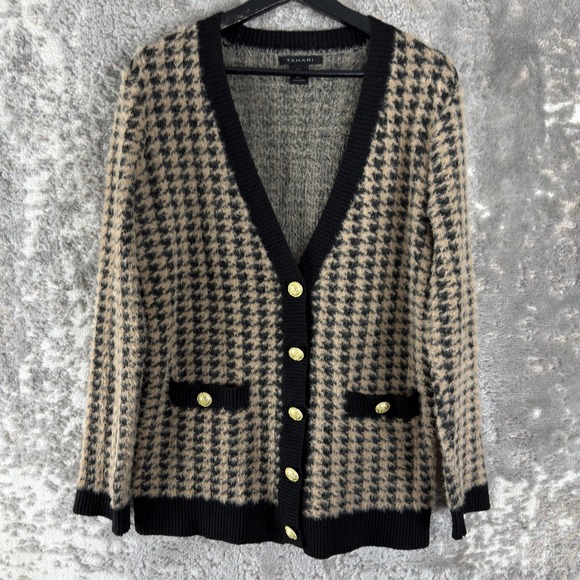 Tahari Sweaters - Tahari Sz S Houndstooth Gold Button Fuzzy Knit Cardigan Sweater Black Tan Women